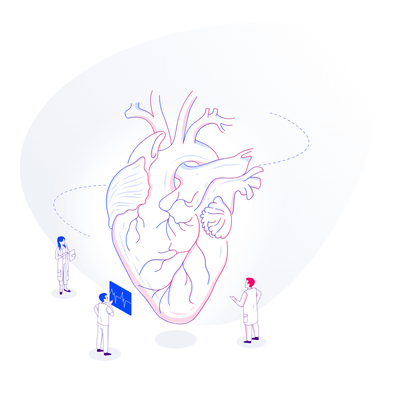 Uma representação da hemodiálise em desenho com um coração em 3D sendo estudado por três médicos.